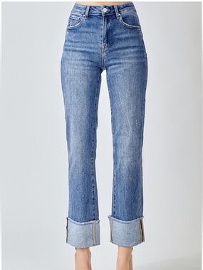 RISEN PLUS Dark Denim High-Rise Straight Crop Loose Fit Straight Cuffed Jean